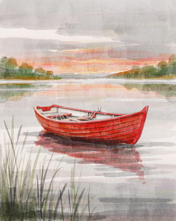 Hunyuan Image 3.5 (preview): a small red wooden boat on a calm lake at sunrise, watercolor