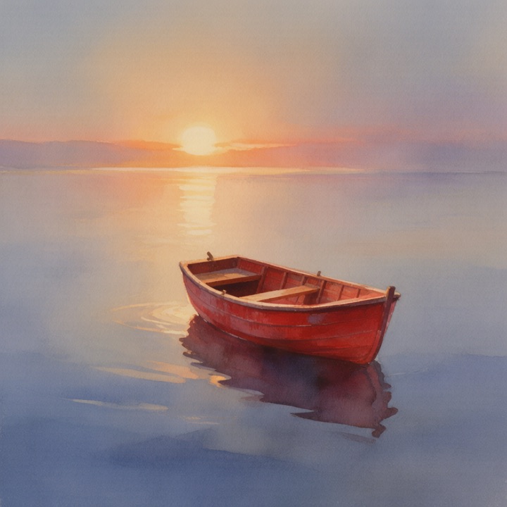 Hunyuan Image 3: a small red wooden boat on a calm lake at sunrise, watercolor