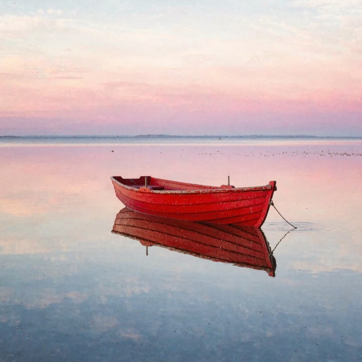 Kling Image O1: a small red wooden boat on a calm lake at sunrise, watercolor