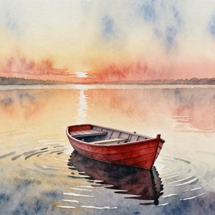 Kling Image 3 Omni: a small red wooden boat on a calm lake at sunrise, watercolor