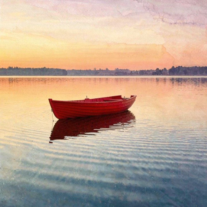 Kling Image 3: a small red wooden boat on a calm lake at sunrise, watercolor