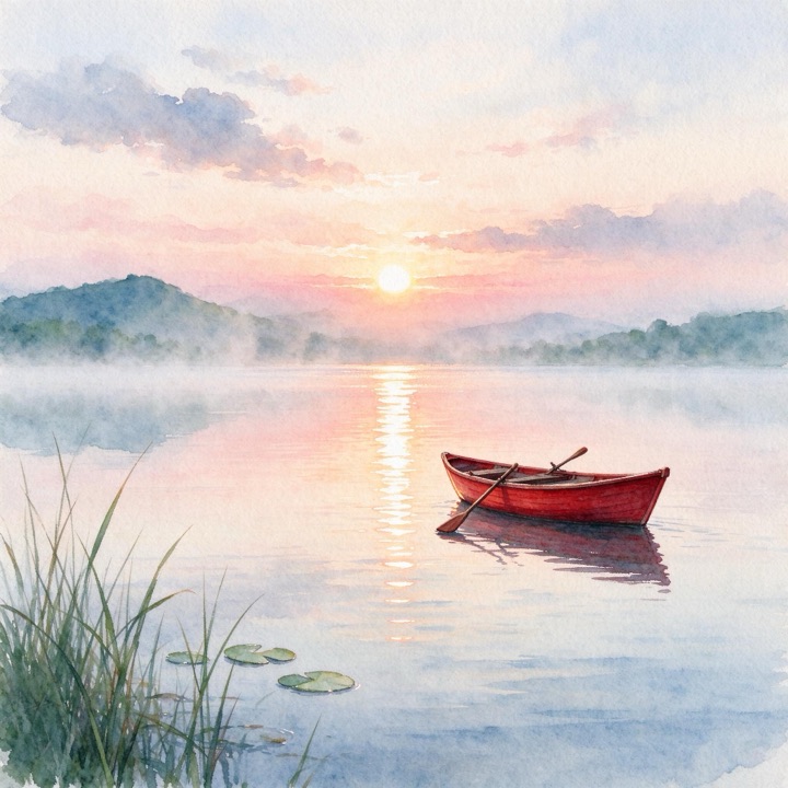 Seedream 5.0 Flash: a small red wooden boat on a calm lake at sunrise, watercolor