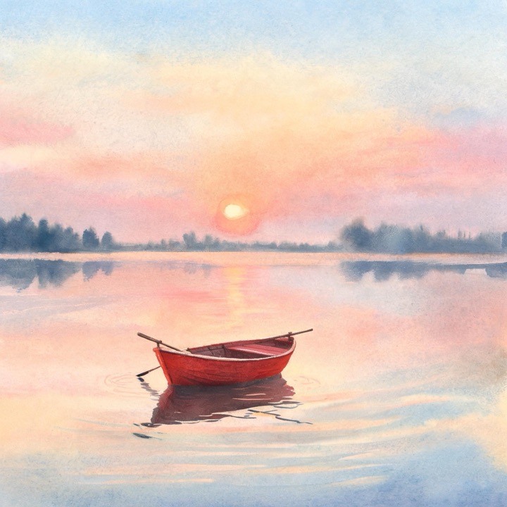 Seedream 5.0 Lite: a small red wooden boat on a calm lake at sunrise, watercolor