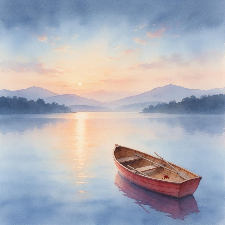 Seedream 5.0 Pro: a small red wooden boat on a calm lake at sunrise, watercolor