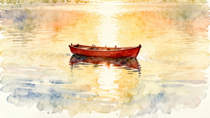 Vidu Image Q2: a small red wooden boat on a calm lake at sunrise, watercolor