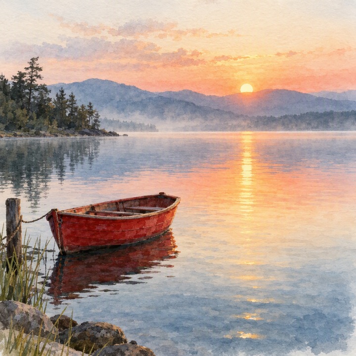 Vega Image 1.5 Pro: a small red wooden boat on a calm lake at sunrise, watercolor