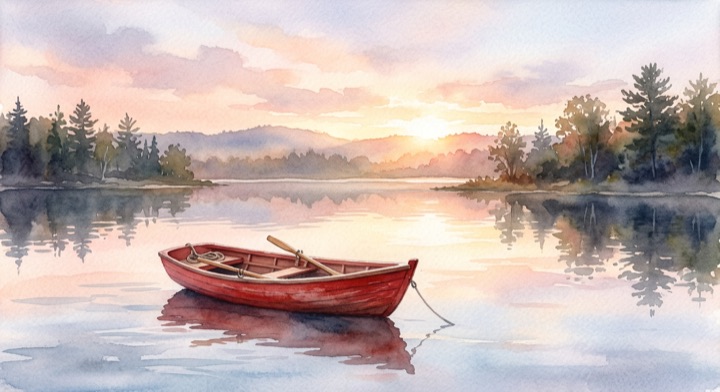 Vega Image Flash: a small red wooden boat on a calm lake at sunrise, watercolor