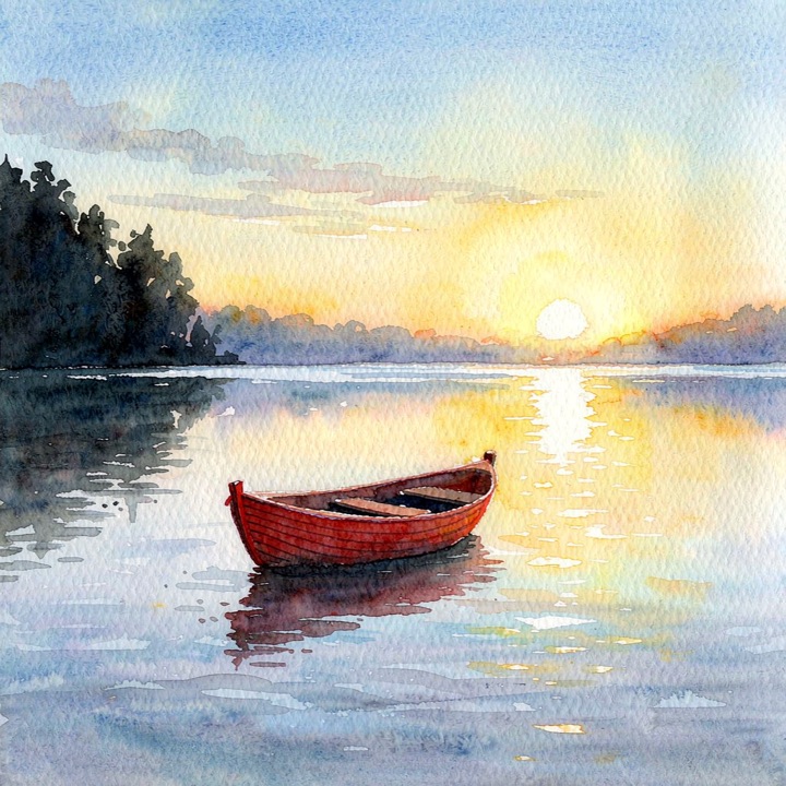 Vega Image Lite: a small red wooden boat on a calm lake at sunrise, watercolor