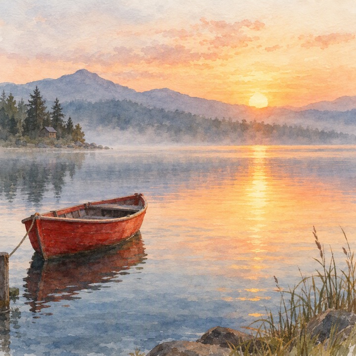 Vega Image Pro: a small red wooden boat on a calm lake at sunrise, watercolor