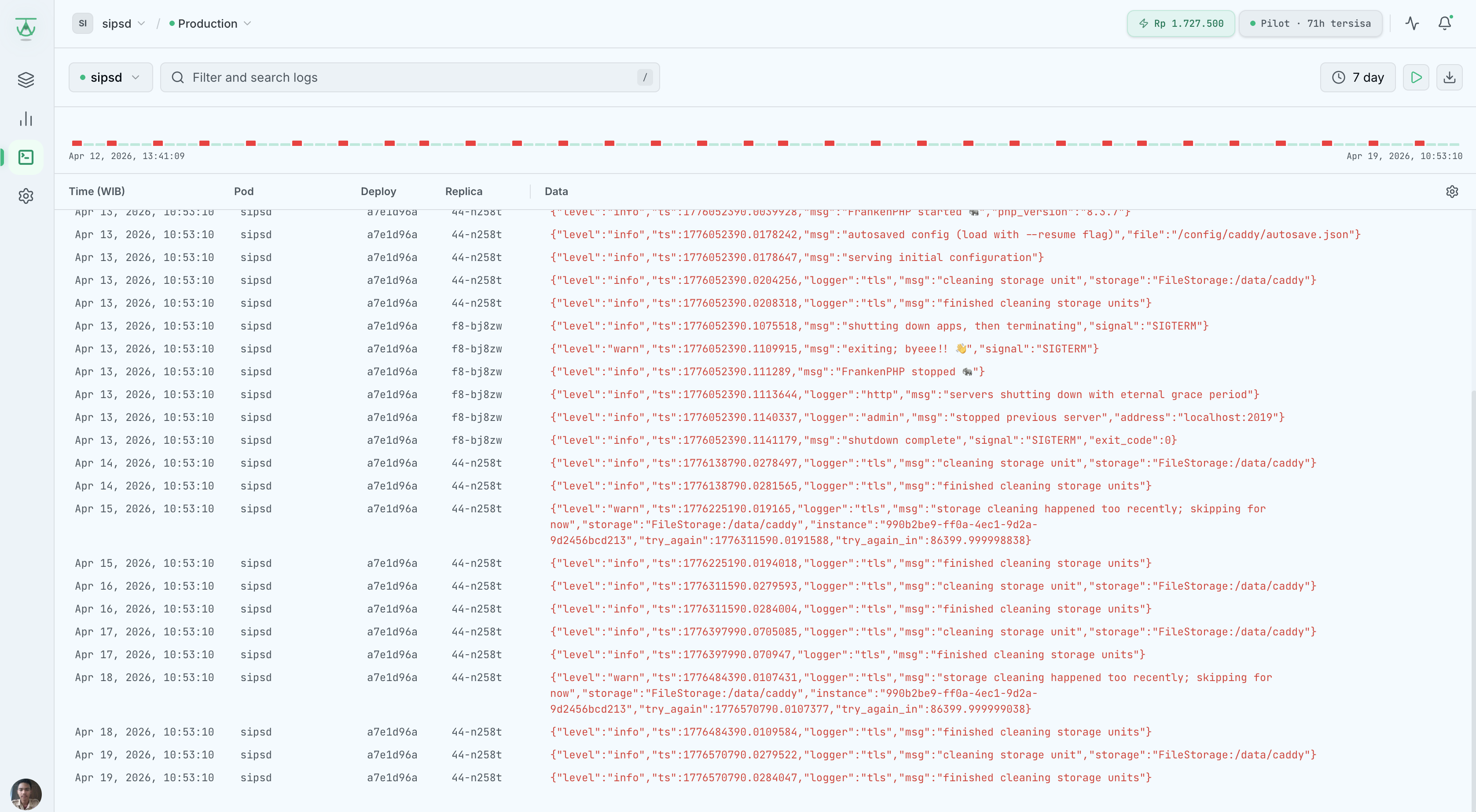 Helipod log viewer menampilkan log dari database service